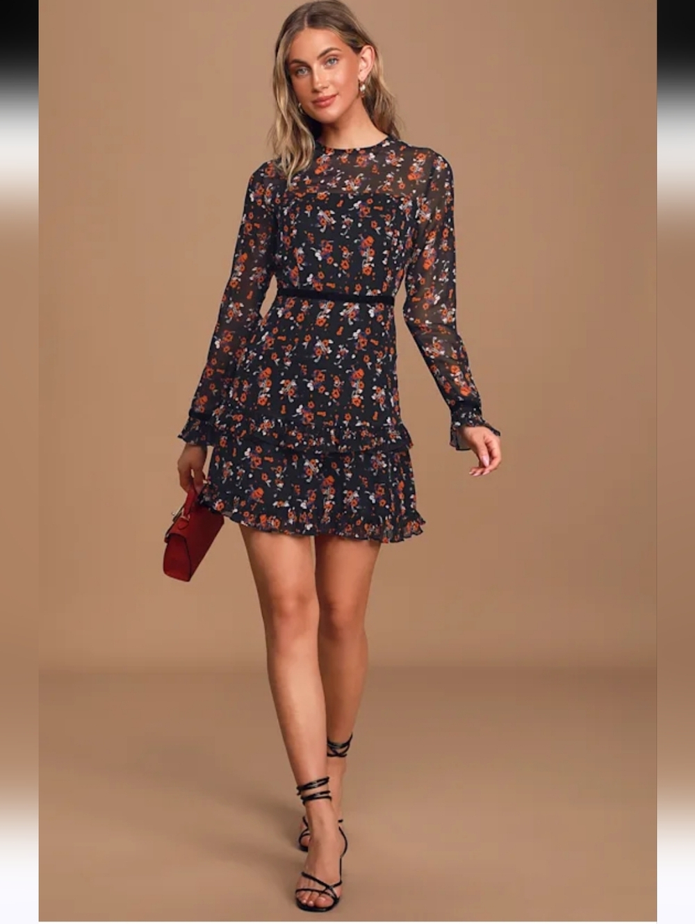Lulus Floral to See Black Floral Print Long Sheer Sleeve Mini Dress Size M New